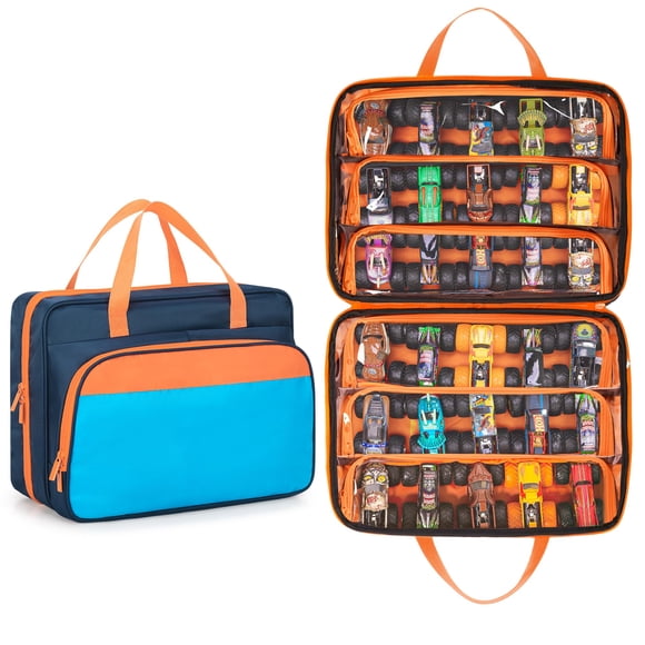 CURMIO Monster Trucks Carrying Case Compatible with Monster Jam, Monster Truck Bag Holding 34 1:64 Scale Toy Cars, Navy-Orange, Bag Only