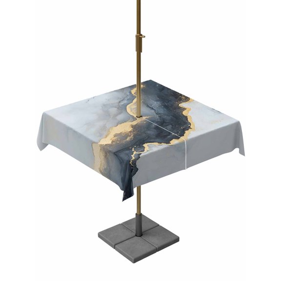 Outdoor Table Cloth with Umbrella Hole and Zipper, Black Marble Waterproof Square Tablecloth 54"x54", Modern Abstract Art Ink Painted Washable Table Cover for Outside Party Patio Picnic