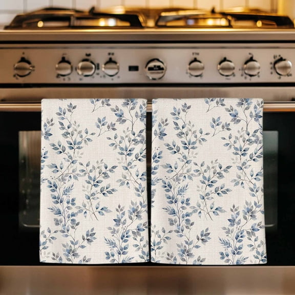 Navy Blue Leaves Kitchen Towels Set of 2, Vintage Summer Botanical Farmhouse Rustic Absorbent Dish Towels for Kitchen, Microfiber Hand Towel, Quick Drying Tea Towel for Cleaning Decorative Dishcloths