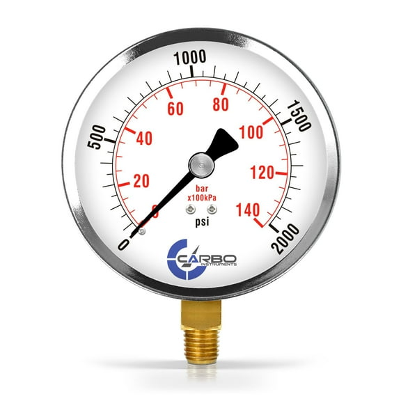 CARBO Instruments 4" Pressure Gauge, Chrome Plated Steel Case, Dry, 0-2000 psi/kPa, Lower Mount 1/4" NPT