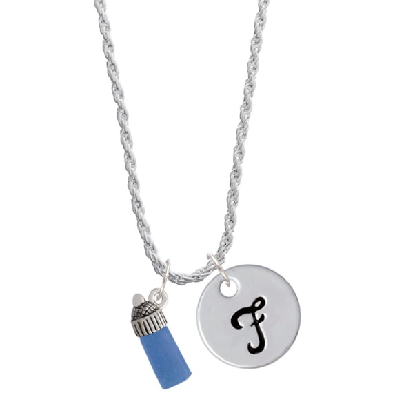 Delight Jewelry Silvertone 3-D Blue Baby Bottle Silvertone Script Initial Disc - F - Charm Necklace, 20"+3"