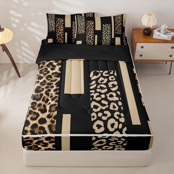 Homewish Abstract Cheetah Print Zipper Full Size Comforter Sets with Fitted Sheet and 2 Pillowcases, Kids Boys Girls Women Zipper Bedding Set, Black Reversible, 4pcs