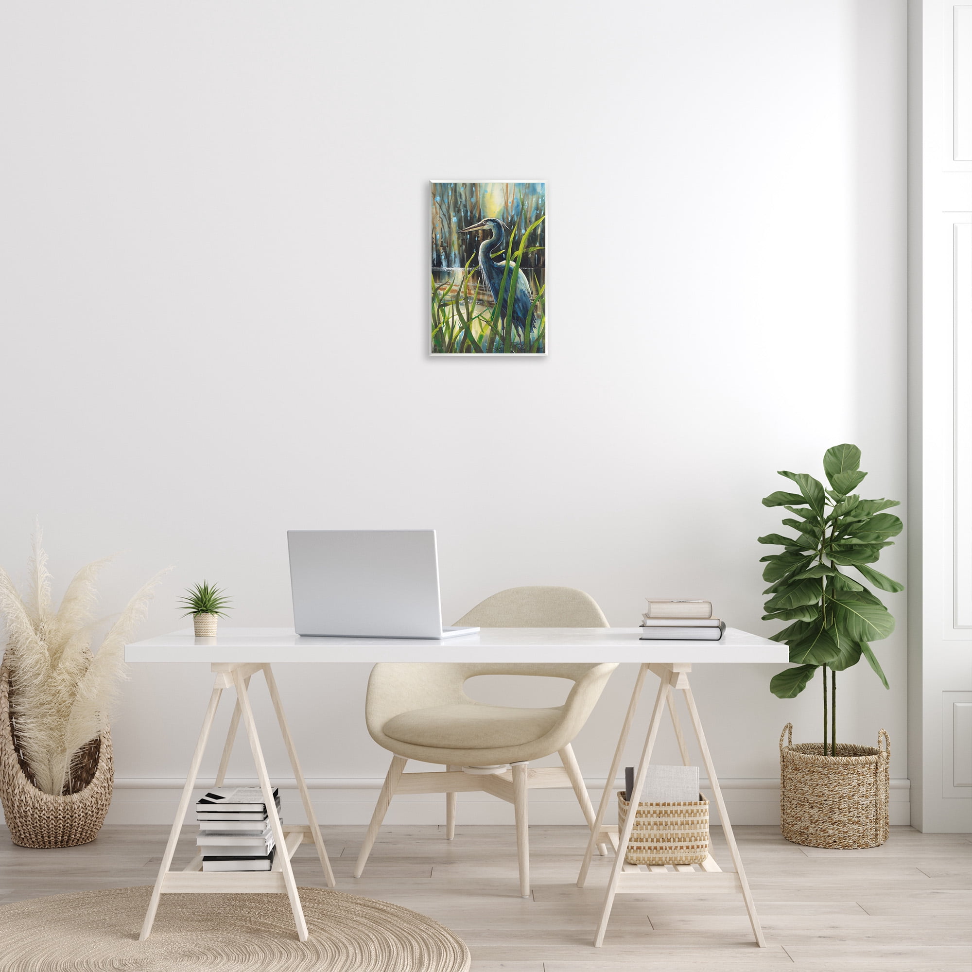 Stupell Industries Heron Between Pond Reeds Animals & Insects Painting Unframed Art Print Wall Art, 13 x 19
