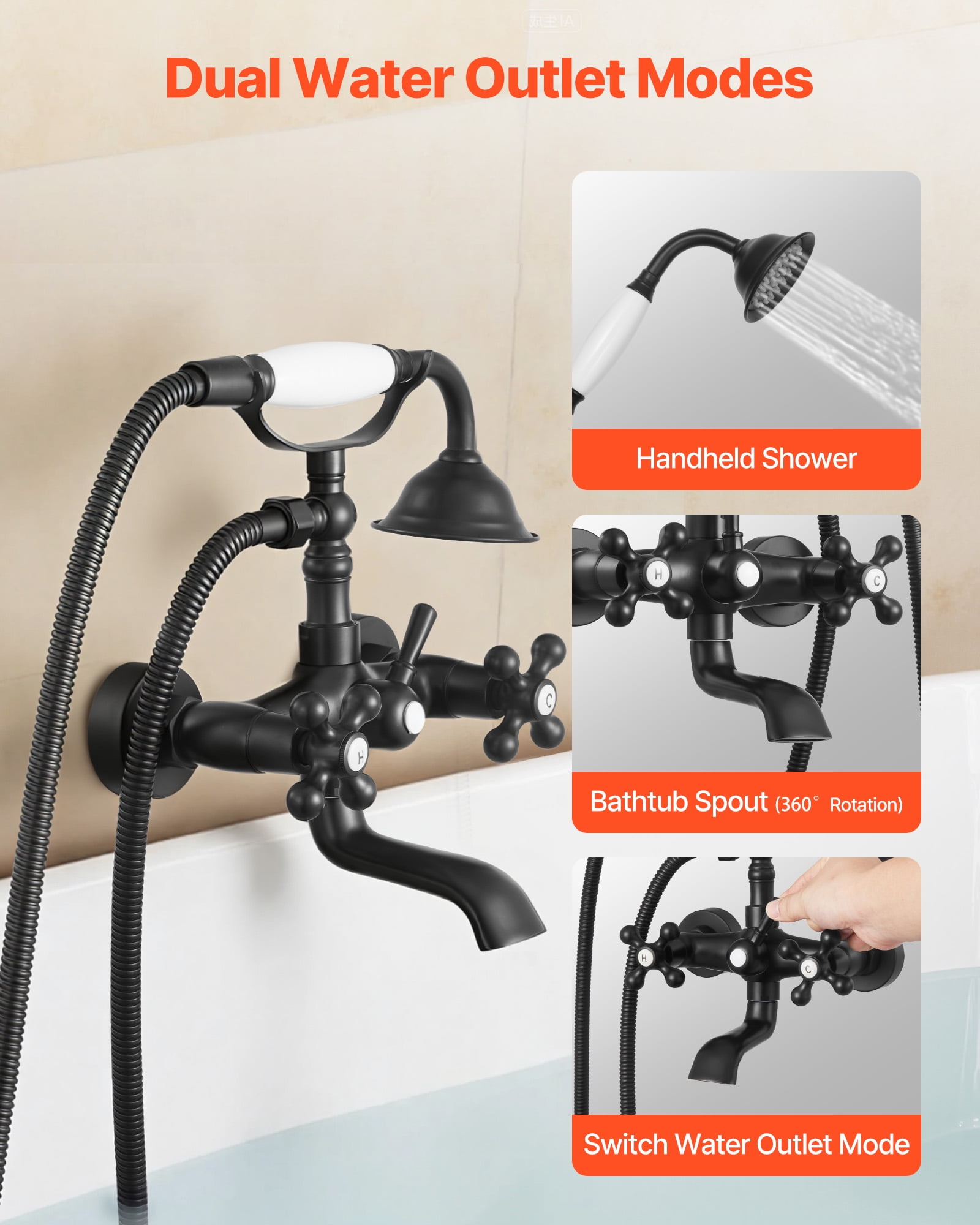 VEVOR Clawfoot Tub Faucet, Wall Mount Bathtub Faucets with Handheld Shower, Vintage Matte Black Clawfoot Tub Filler Faucet Shower Kit with Adjustable Swing Arms & 360° Rotation Spout for Bathtubs