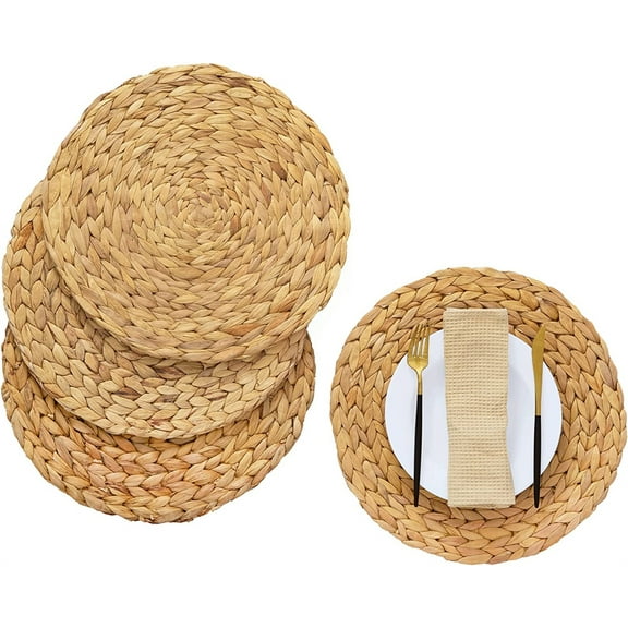 Casewin Round Woven Placemats - Set of 4, Natural Wicker Placemats, Water Hyacinth Straw Braided Placemats, Heat Resistant Non-Slip Weave Placemats Handmade (9.8" Round)