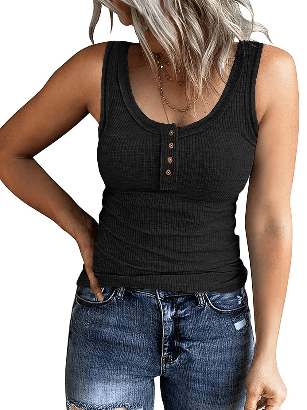 MOSHU Henley Women Tank Tops Ribbed Summer Tops Button Down Sleeveless ...