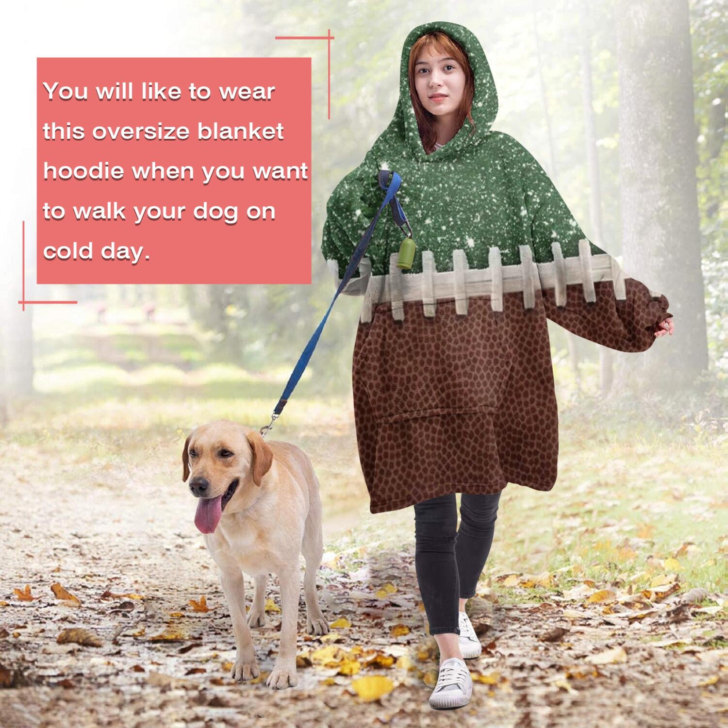 Green and Brown Football Stitch Pattern Wearable Oversized Blanket,Wearable Blanket Hoodie for Adults,Cozy Hooded Blankets with Super Pockets,Super Warm Fuzzy Pullover for Women & Men