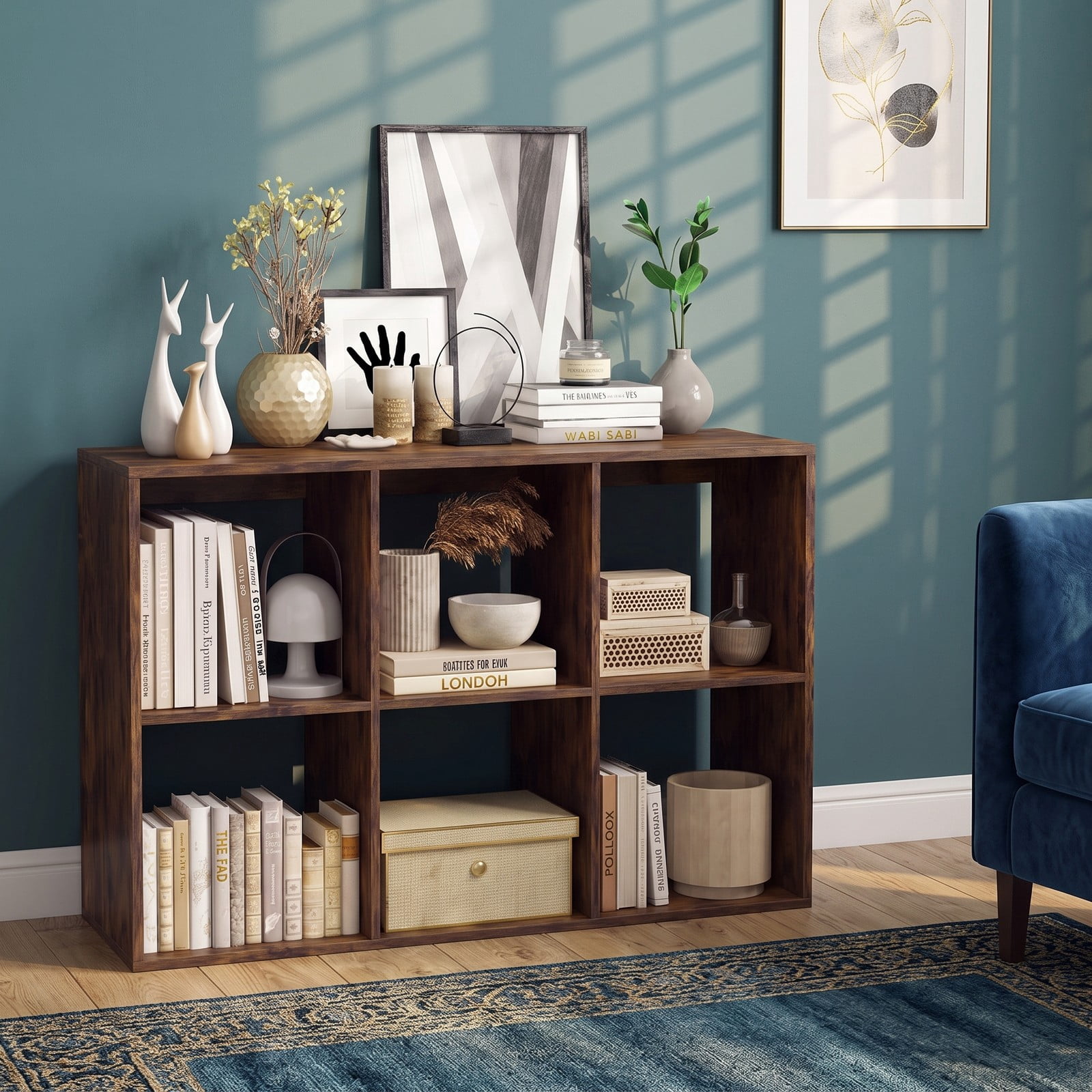 Furnibear 6 Cube Bookshelf, Rustic Brown Wood Cube Storage Organizer with Back Guardrail and Anti-Tip Kit, Freestanding Bookcase for Living Room Bedroom, Rustic Brown
