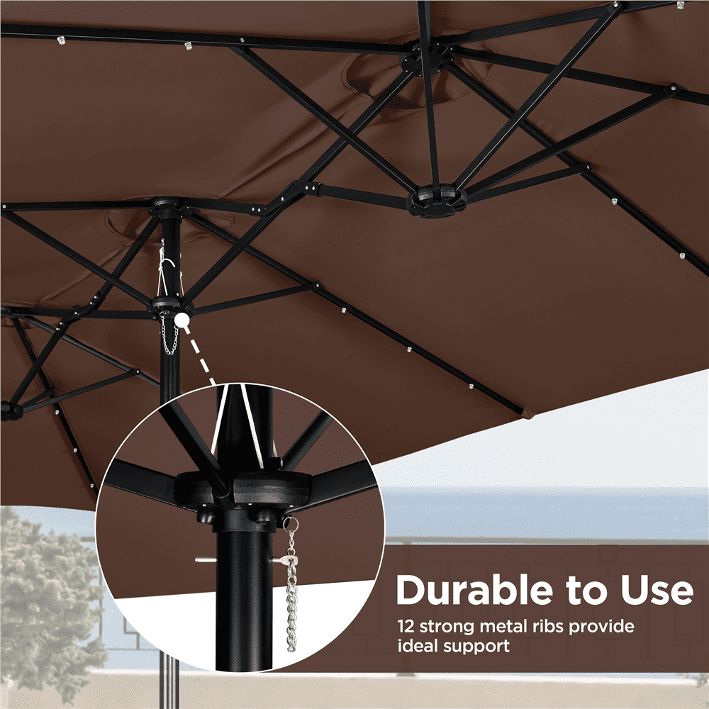 Renwick 15 ft Twin Patio Parasol Umbrella with Base & LED Lights, Brown