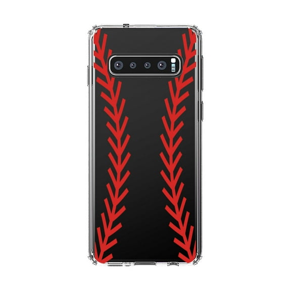 DistinctInk Clear Shockproof Hybrid Case for Samsung Galaxy S10 (6.1" Screen) - TPU Bumper, Acrylic Back, Tempered Glass Screen Protector - Red Baseball Stitching
