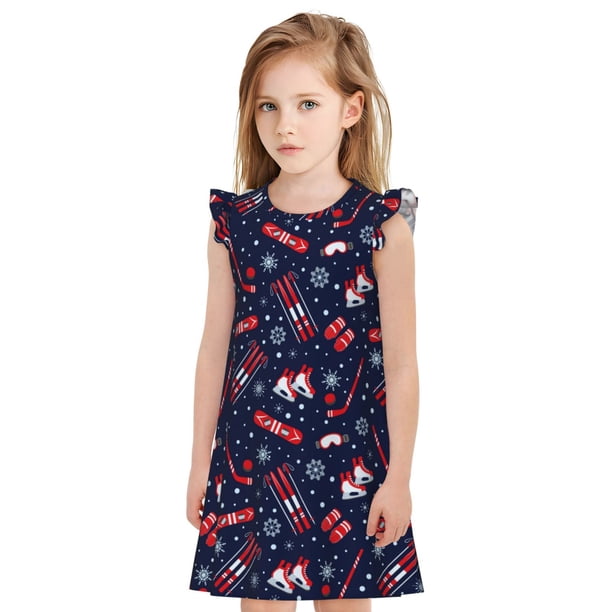 Fotbe Winter Skiing Snowflakes Vestido de Dormir para Niñas de 3 a 10 Años, Mangas Cortas, Estilo Princesa, Pijama Camisón con Mangas Voladas-Large