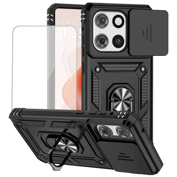 Protective Phone Case compatible with Motorola Moto G Stylus 5G 2025, Tempered Glass Screen Protector, Slide Camera Cover, Magnetic Ring Car Mount Holder