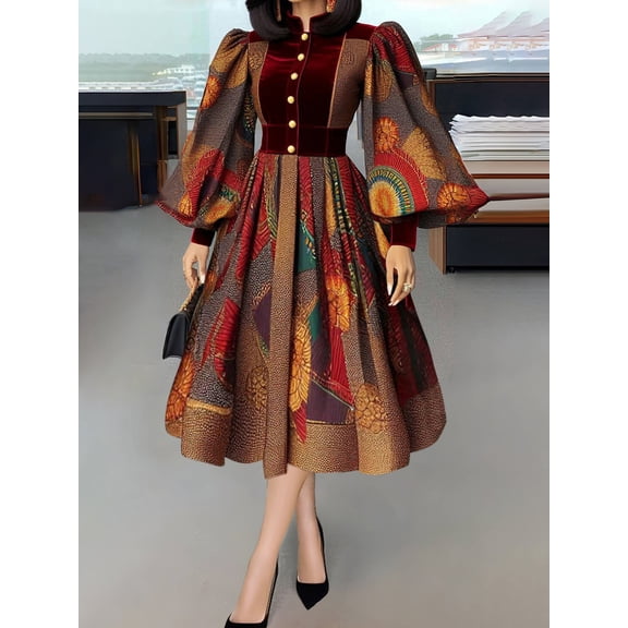 Elegant Women Dress Ethnic Print Patchwork Stand Collar Button Lantern Sleeve Velvet Waisted Evening Party Dresses Midi Dress