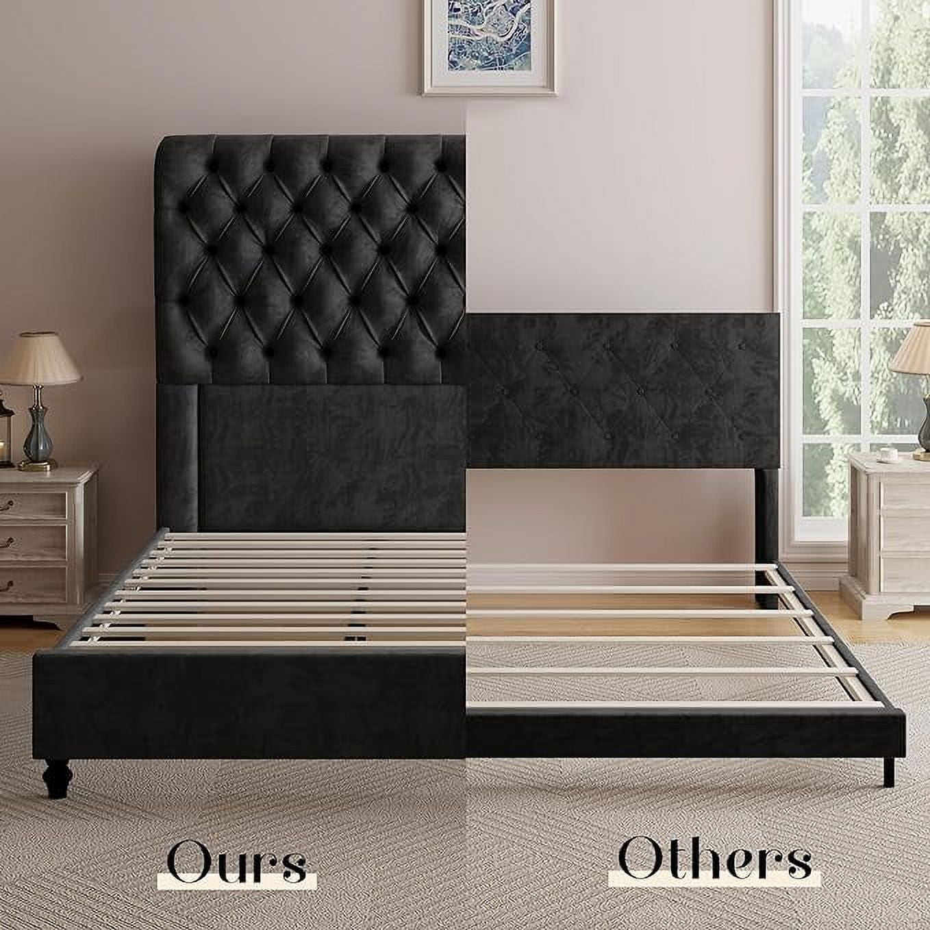 Merluxy King Bed Frame with 59.1" Sleigh Headboard,Velvet Upholstered,No Box Spring Needed,Black