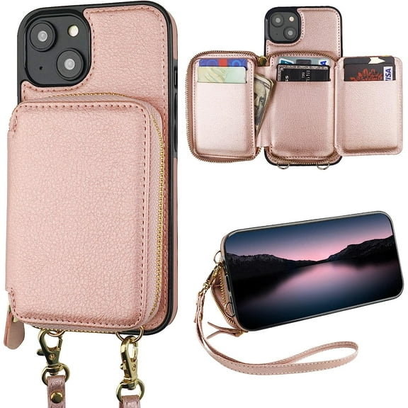 RFID Blocking Wallet Case for iPhone 14 Plus, Adjustable Crossbody Zipper Purse Case Card Holder with Kickstand Detachable Wrist Strap, PU Leather Flip Folio Case 6.7 Inch 5G (Rose Gold)