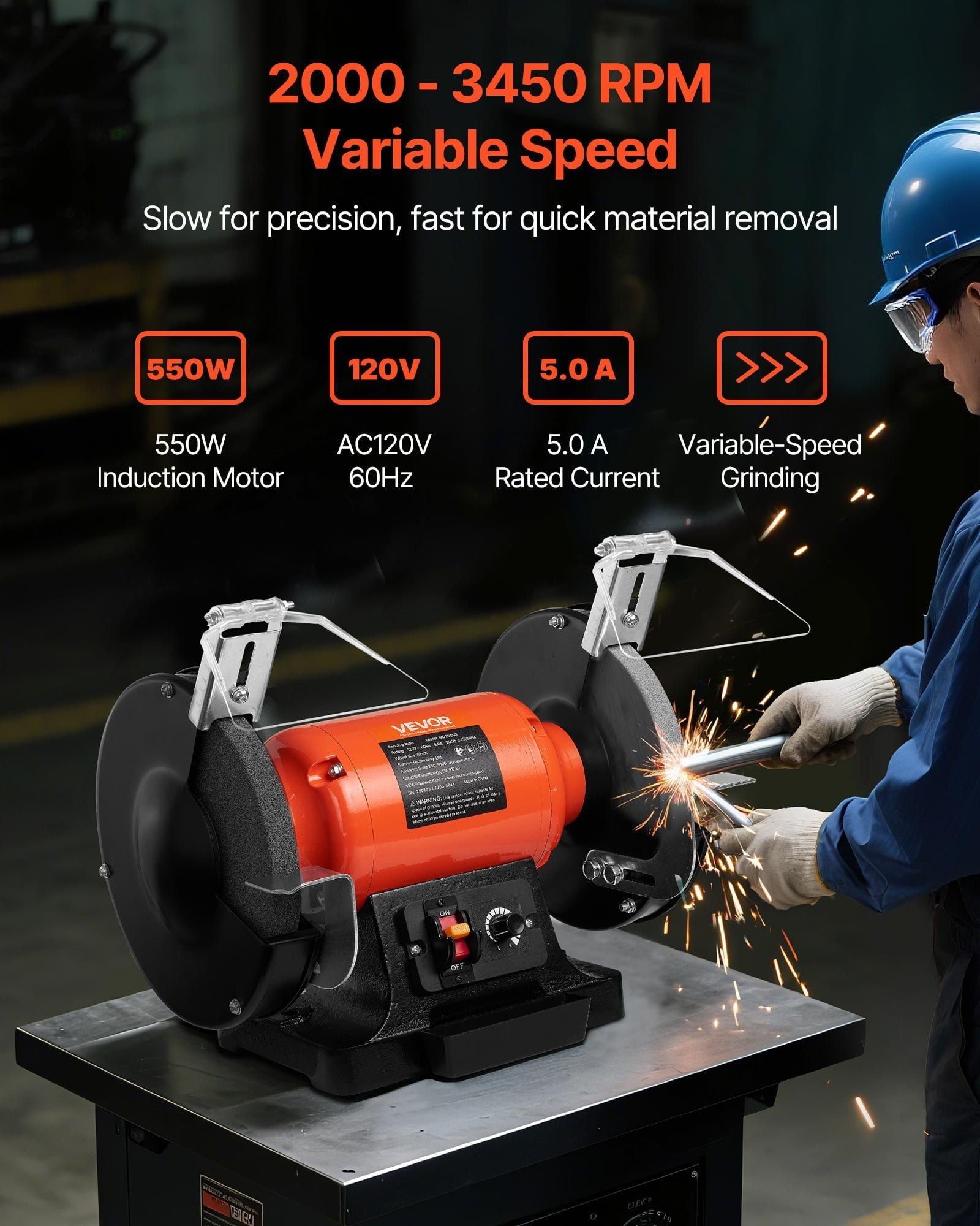 8" Variable Speed Bench Grinder, 550W Motor & 2 Wheels for Sharpening