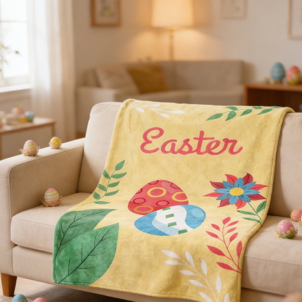 Manta de franela con diseño de huevo y conejito de Pascua. Ideal para siestas en el sofá o en el coche. Ideal como sábana o manta. Ideal para decoración de Pascua. Manta de poliéster.