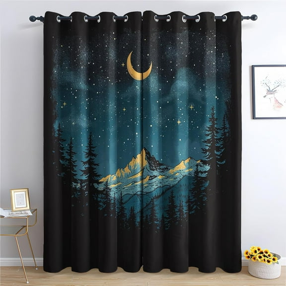 Mountain Forest Curtains, Moon And Star Blackout Curtains, Landscape Curtains For Bedroom Living Room Decor, Thermal Insulated Grommet Drapes26"W x 84"L (Pack of 2)