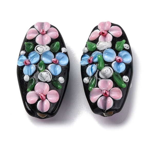 Handmade Lampwork Beads Oval with Flower Pink 28.5x15.5x11mm Hole: 2.5mm Lampwork