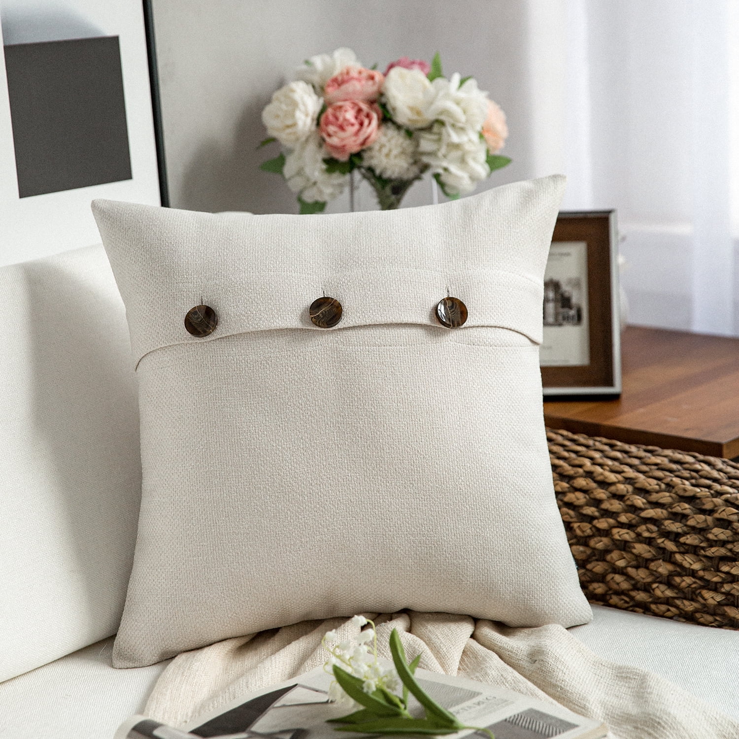 Phantoscope Farmhouse Triple Button Linen Decorative Throw Pillow, Ivory, 18" x 18", 1 Pack
