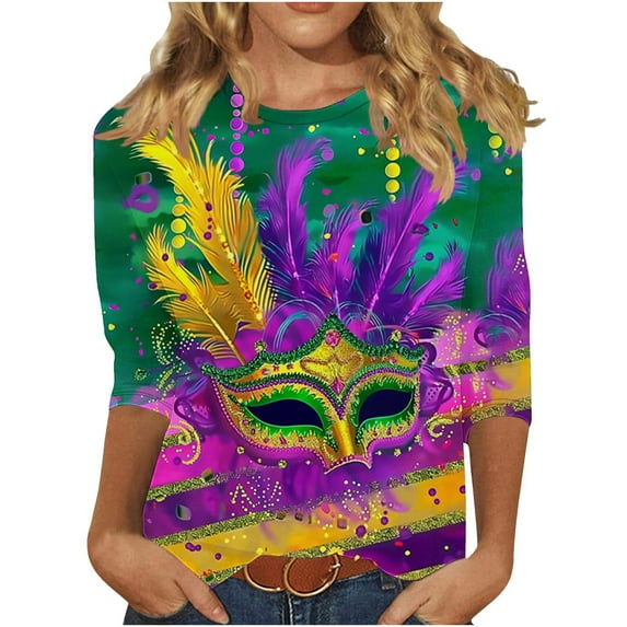 Cavosen Mardi Gras Casual Tops for Women 3/4 Sleeves Festival Carnival Round Neck Blouse Mask Graphic Print Tops Holiday Novelty Shirts Dressy Workout Tees Party Shrove Tuesday T-Shirts S