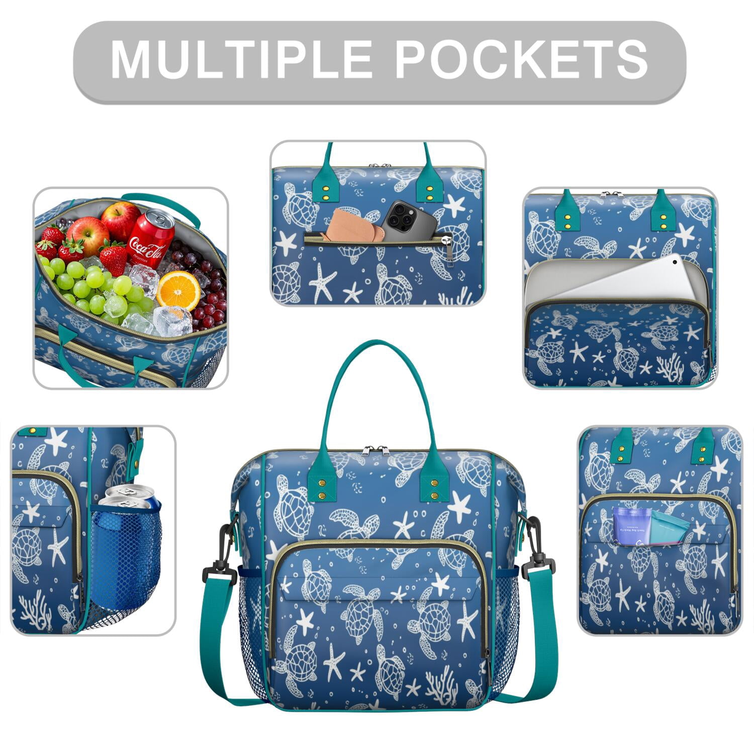 Ocean Life Turtle Print Insulated Lunch Bag – Leakproof Large Cooler Tote with Cute Cartoon Sea Turtle Pattern, Adjustable Strap for Beach, School, or Travel
