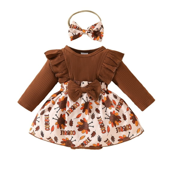 Generic Baby Strip Long Sleeve Peplum Bow Dress Turkey Dress with Crotch Breathable Comfortable Autumn Winter Clothes for Holiday Party （9-12 Months Brown）