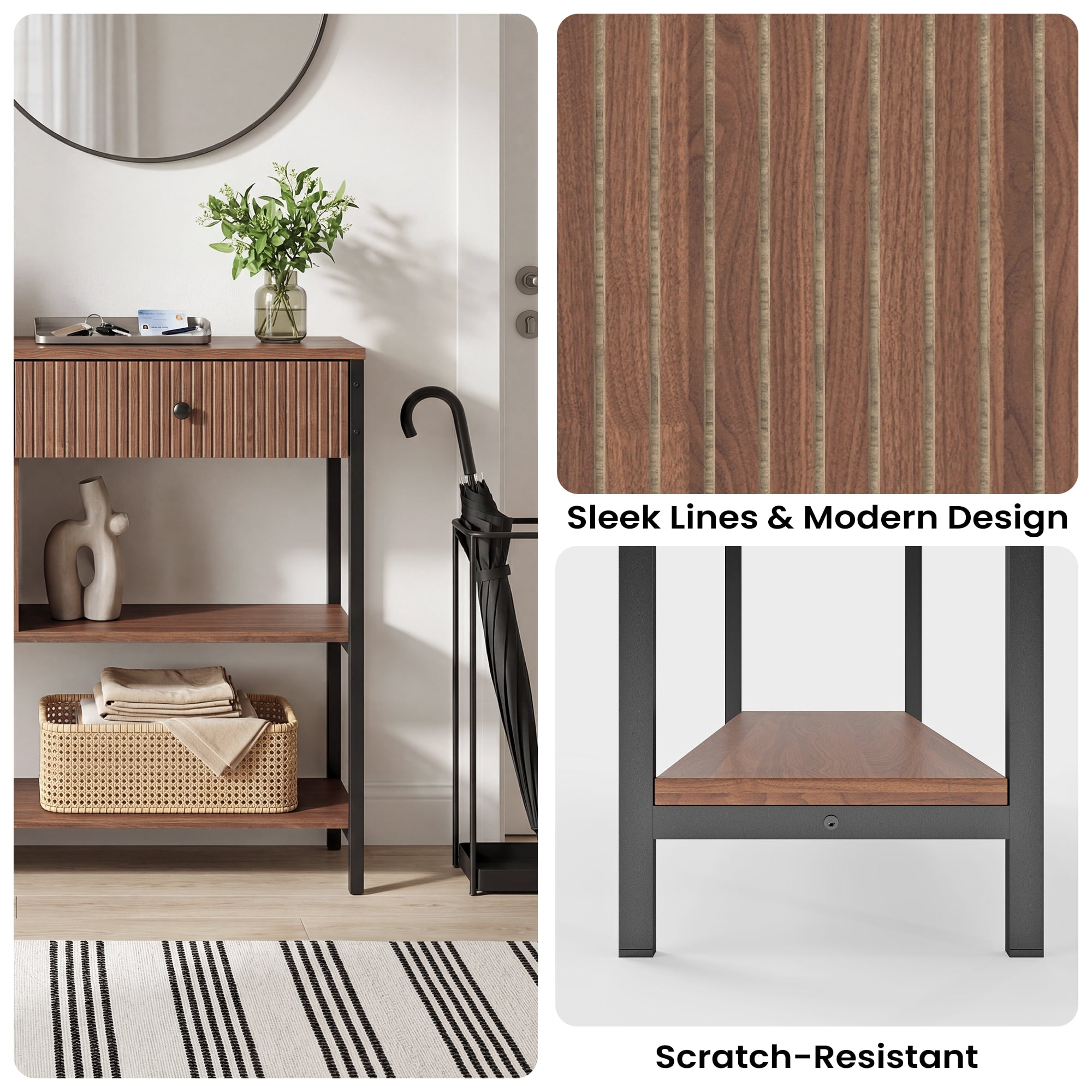 Manxile Fluted Wood Console Table with 2 Drawers, Mid Century Entryway Table with Open Storage Shelf, Walnut Oak