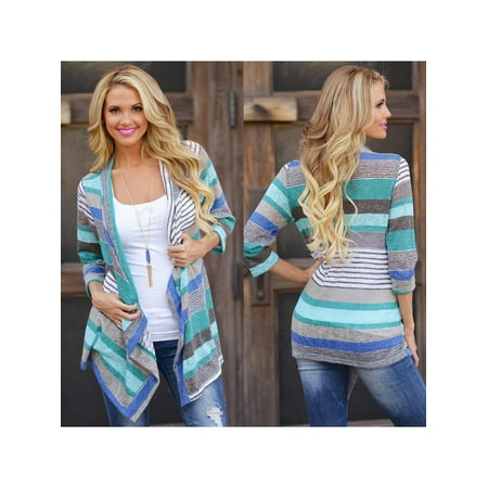 Cyber Monday Clearance! Blue Striped Printed Lightweight Kimono Cardigan for Women, Open Front Draped Kimono Loose Cardigan Sweater for Juniors, 3/4 Sleeve Knitted Cardigan Gift for Ladies,