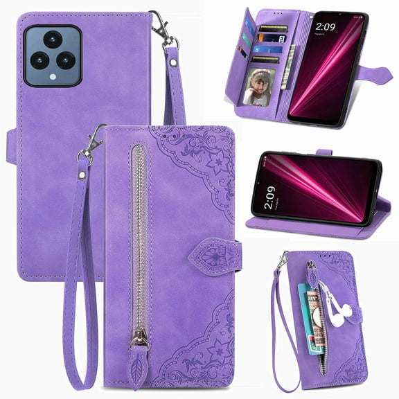 Decase Wallet Case for T-Mobile REVVL 6 5G,Shockproof Premium PU Leather RFID Blocking Flip Card Slots Holder Magnetic Clasp Embossed Folio Cover Wrist Strap,for T-Mobile REVVL 6 5G,Purple