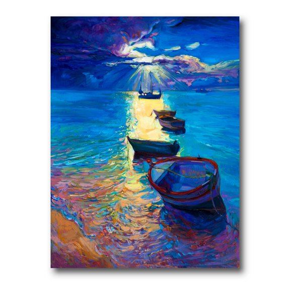 Fishing Boats On The Water With Dark Blue Sky Illustration 12 in x 8 in Painting Canvas Art Print, by Designart