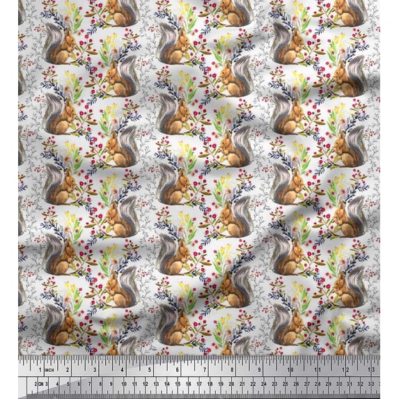 Soimoi Cotton Voile Fabric Leaves,Floral & Squirrel Animal Print Fabric by The Yard 42 Inch Wide