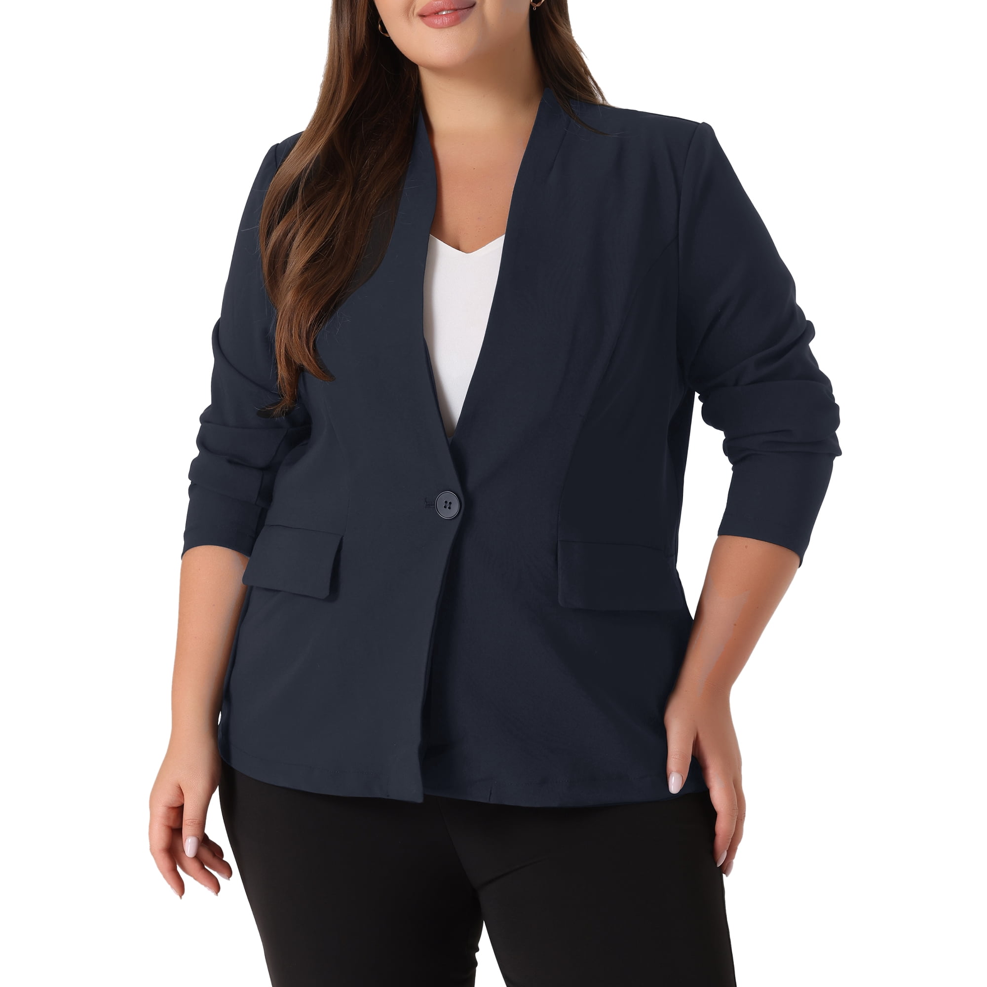 DARING DIVA Women's Plus Notched Lapel Long Sleeve Office Work Blazer Jacket 4X Navy Blue