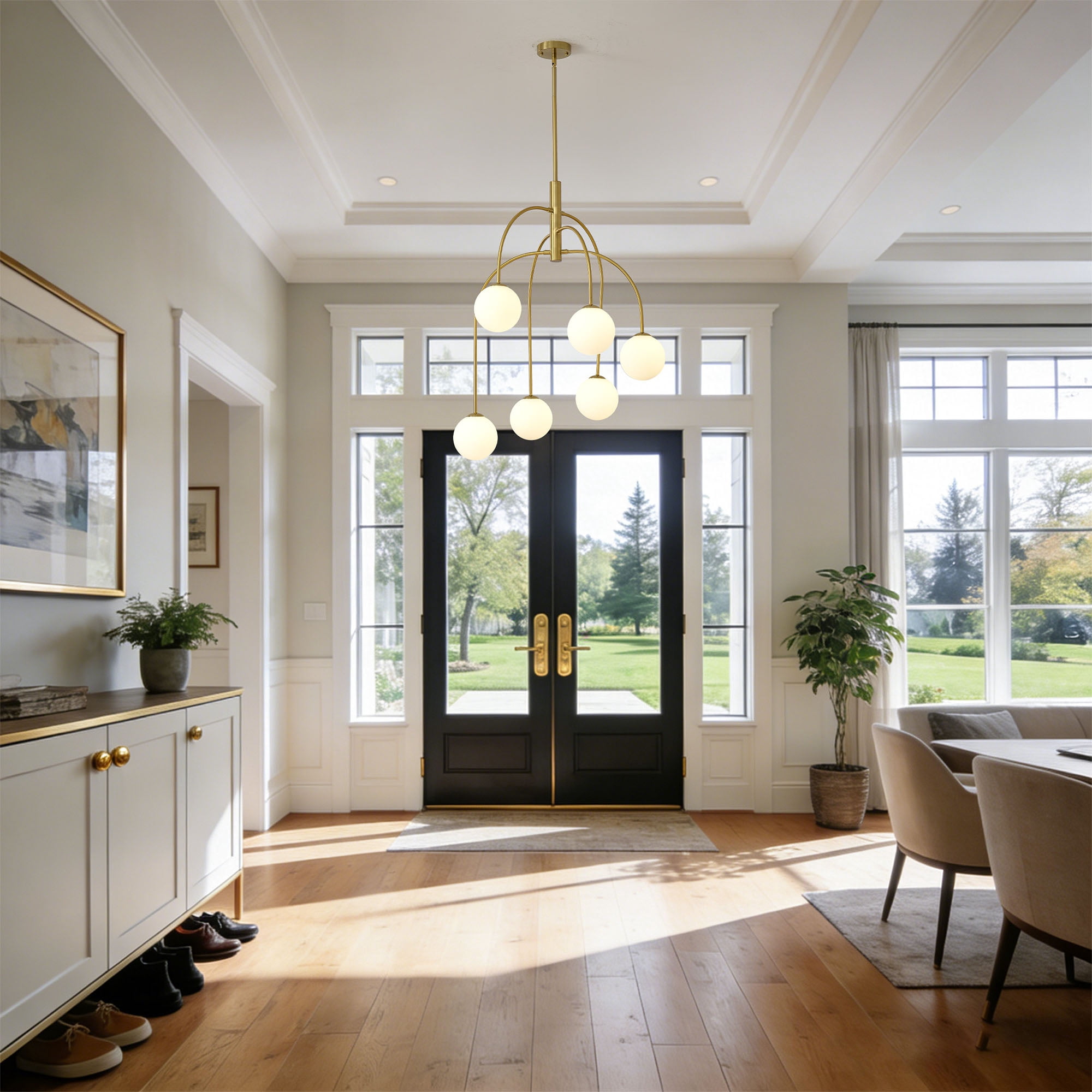 6-Light Gold Sputnik Chandelier,Mid Century Modern Chandelier with Milk Glass Shades,Large Pendant Light Fixture for Dining Room Kitchen Island