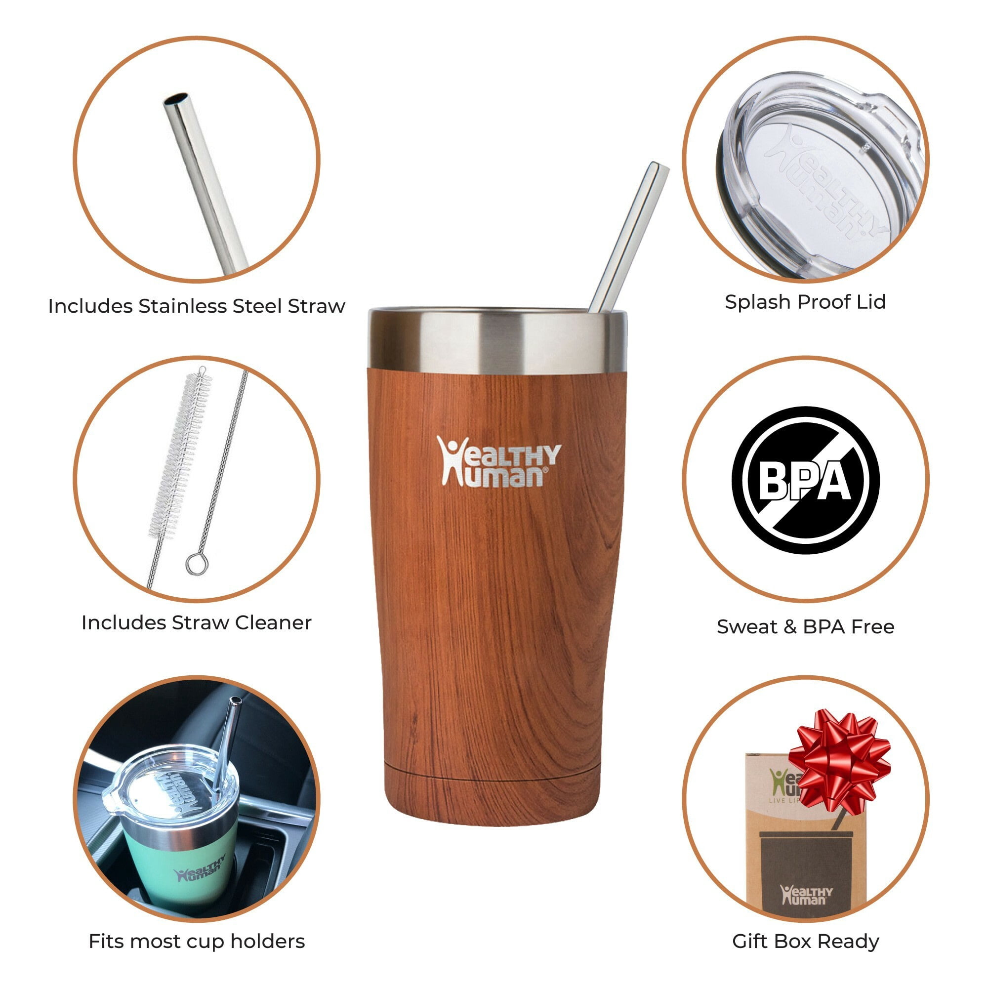 Healthy Human Stainless Steel Tumbler with Straw & Lid | Splash Proof Insulated Travel Cup | Eco-Friendly Coffee Tumblers | Water Cups with Straws Cleaner and Splash Proof Lids (20oz, Natural Wood)