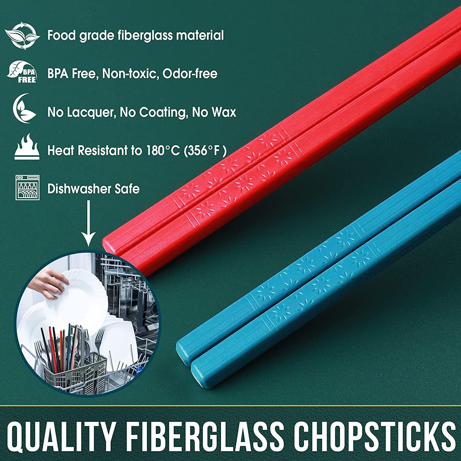 9.5 Inches GLAMFIELDS 5-Pairs Fiberglass Chopsticks Dishwasher Safe Sushi Reusable Chop sticks for food 