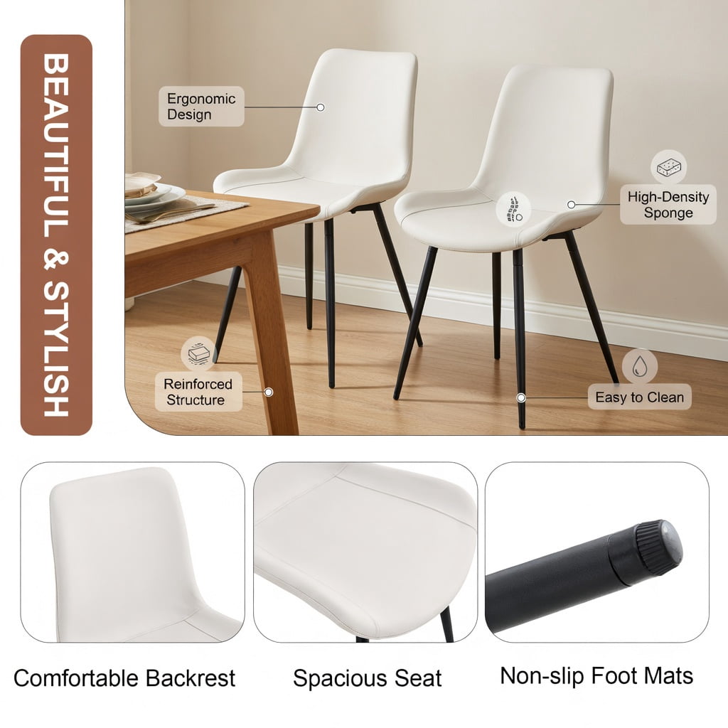 Hommoo 6-Pack Modern Faux Leather Dining Chairs with Metal Legs, Ergonomic Curved Cushion, Non-Slip Feet, Easy Assembly for Kitchen, Restaurant & Home Office, White