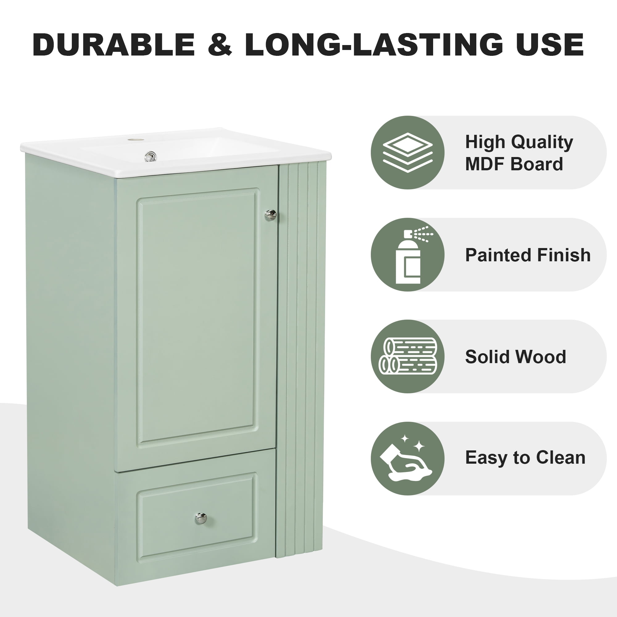 Euroco 20" Freestanding Bathroom Vanity with Ceramic Sink, Single Faucet Hole, MDF Storage Cabinet with Soft-Close Drawer, Open Side Shelves with Pinewood Towel Bar