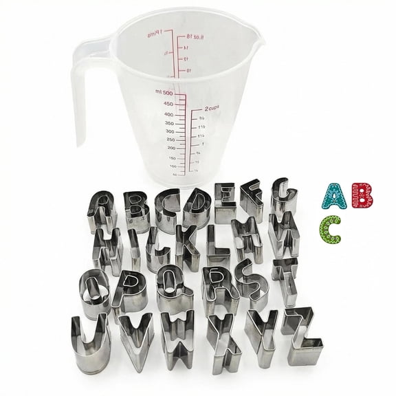 26PCS Alphabet Cookie Cutters Set with 500ml Measuring Cup,1 Inch Small Stainless Steel Cookie Cutter Tool,Fondant Biscuit Fruit Dough Mold for Kitchen,Halloween,Christmas,Birthday Party Decor