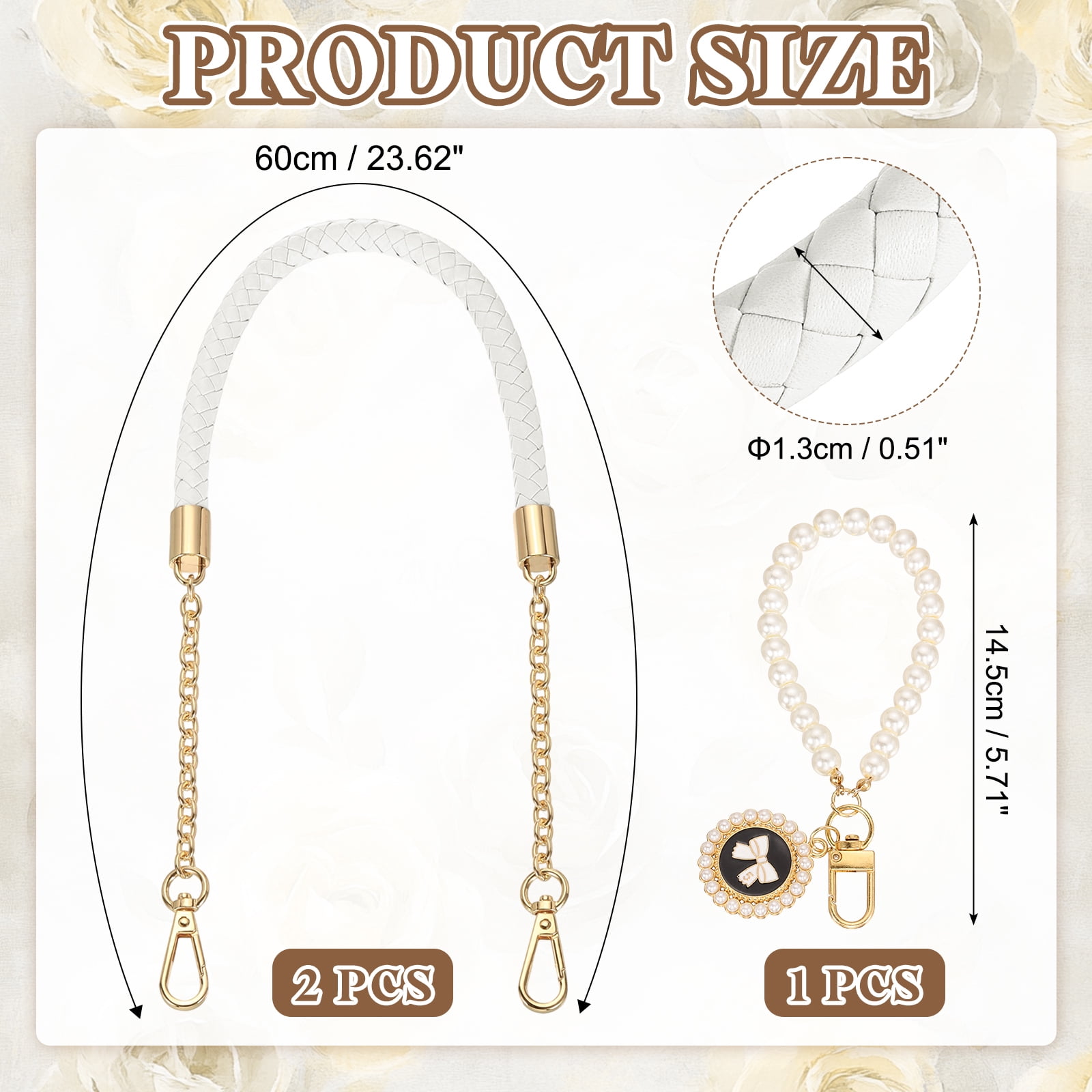 Uxcell 2 Pcs PU Leather Chain Purse Strap, 23.6 Inch Braided Purse Handles Replacement Strap with Pearl Pendant for Tote Bag Handbag Underarm Bag (White, Light Gold Chain)