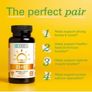 Zhou Nutrition Vitamin D3 K2, Bone and Heart Health Formula 5000 IU Vitamin D3 & 100 mcg Vitamin K2, Max Strength 2 in 1 Immune Support and Calcium Absorption, Gluten Free, 60 Count