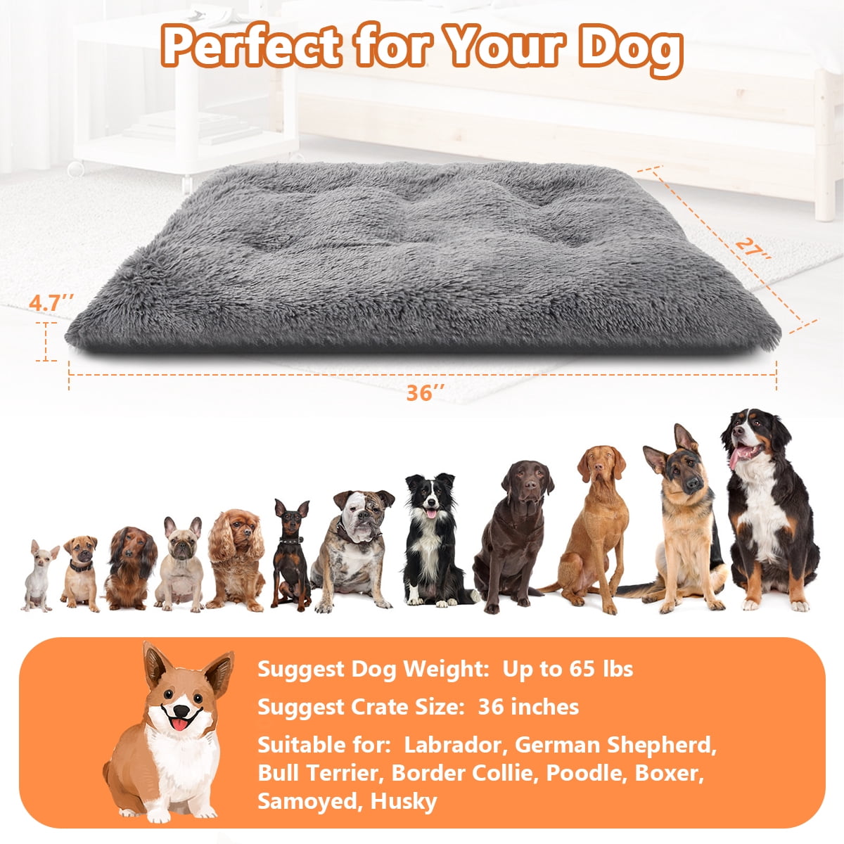 CshidWorld Large Dog Bed, Plush Fluffy Dog Cage Bed up to 65lb, Orthopedic Dog Bed Washable Dog Mat with Non Slip Bottom for Large and Medium Dogs, Soft Plush Dog Crate Bed , 36"x27", Gray