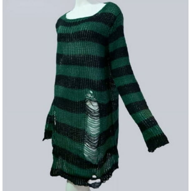 Suéter largo gótico Punk para mujer, Jersey a rayas, fresco, hueco, Agujero roto, suelto, Rock, ropa de calle oscura, Top de verano, nuevoVerde oscuro