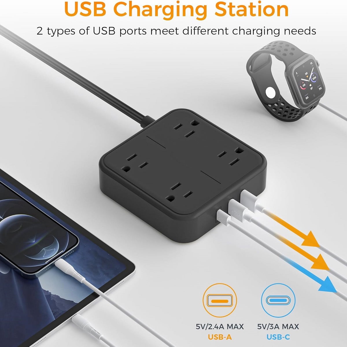 Flat Extension Cord 5Ft, Power Strip with 4 Outlets and 3 USB Ports (1 USB C), Ultra Slim Flat Plug Surge Protector, 900 Joules, Wall Outlet Extender, Black