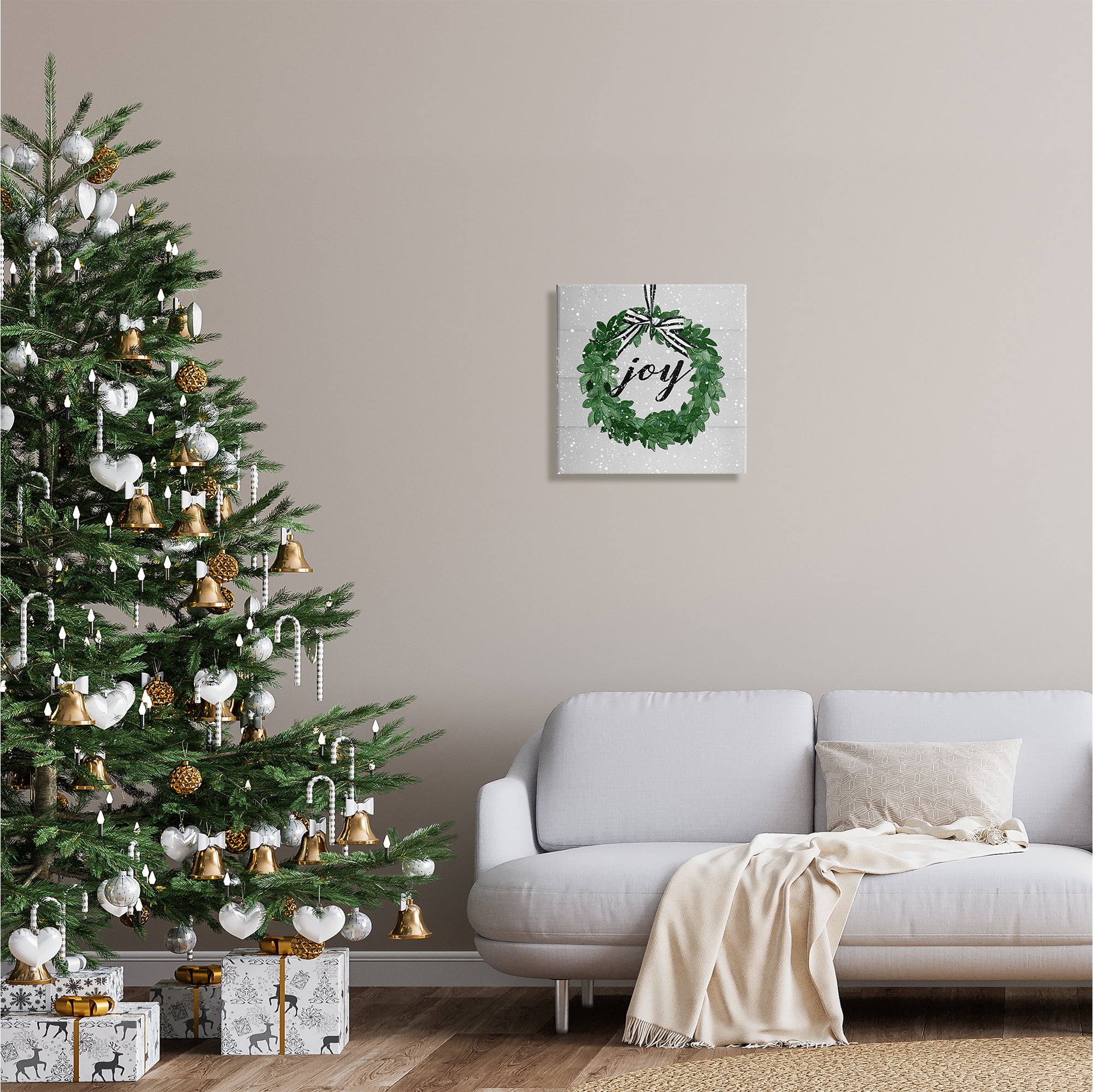 Stupell Industries Joy Wreath with Snow Holiday Painting Gallery Wrapped Canvas Print Wall Art, 17 x 17
