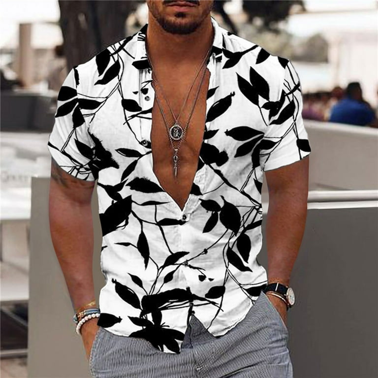 Men Fashion Casual Buttons Hawaii Printing Turndown Short Sleeve Shirt  Blouse SMihono Deals Turndown collar Tees Tops Shirt for Mens Trendy 2024  White