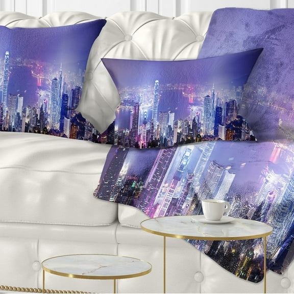 Designart Hong Kong Night City - Cityscape Photo Throw Pillow - 12x20