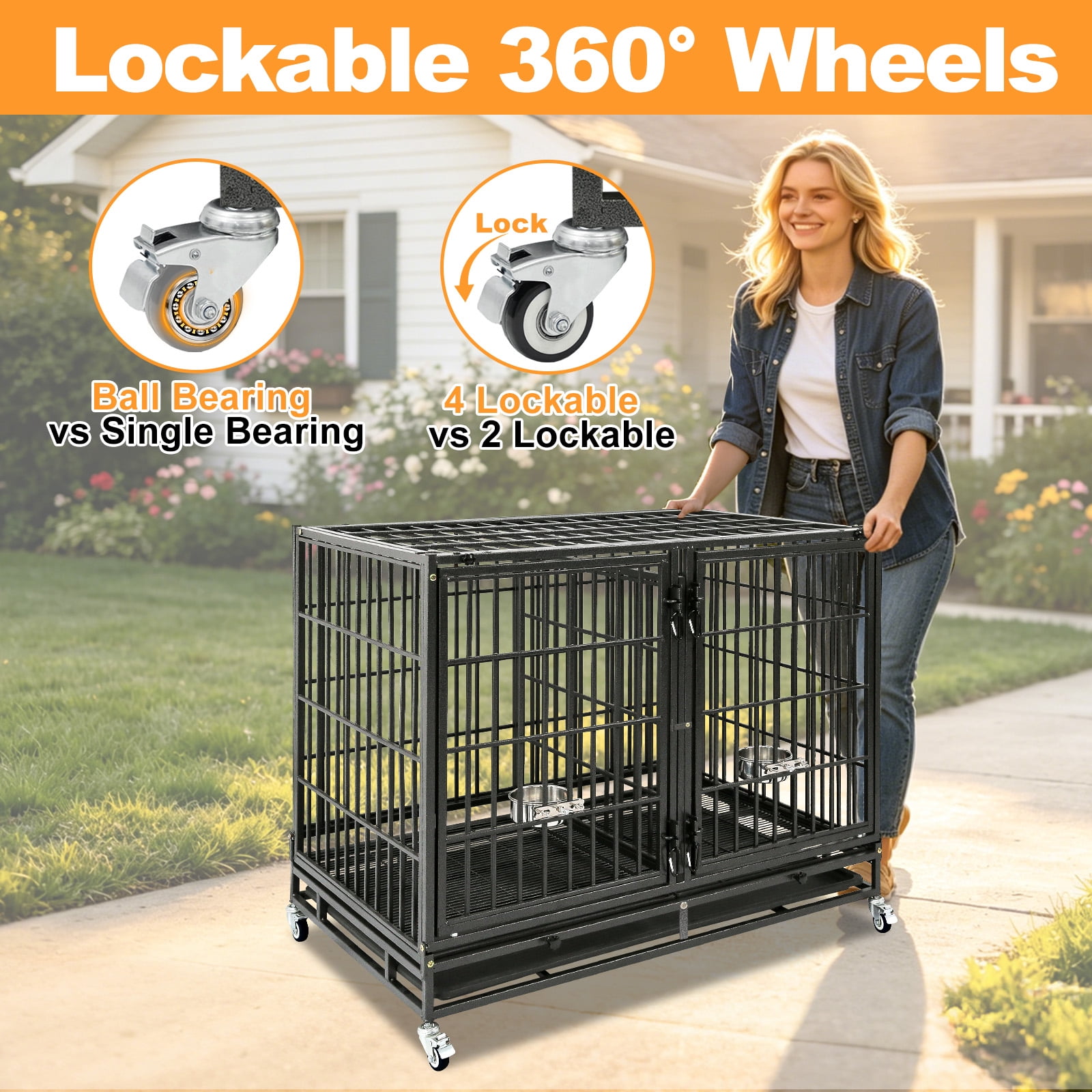 Homey Pet Stackable 43 inch Dog Crate Cage Kennel Indoor with Divider, 2X Steel Bowls, 4X Lockable Wheels, Tray, Heavy Duty Wire Dog Crates for Large/Medium/Small Dogs (Tall Model)
