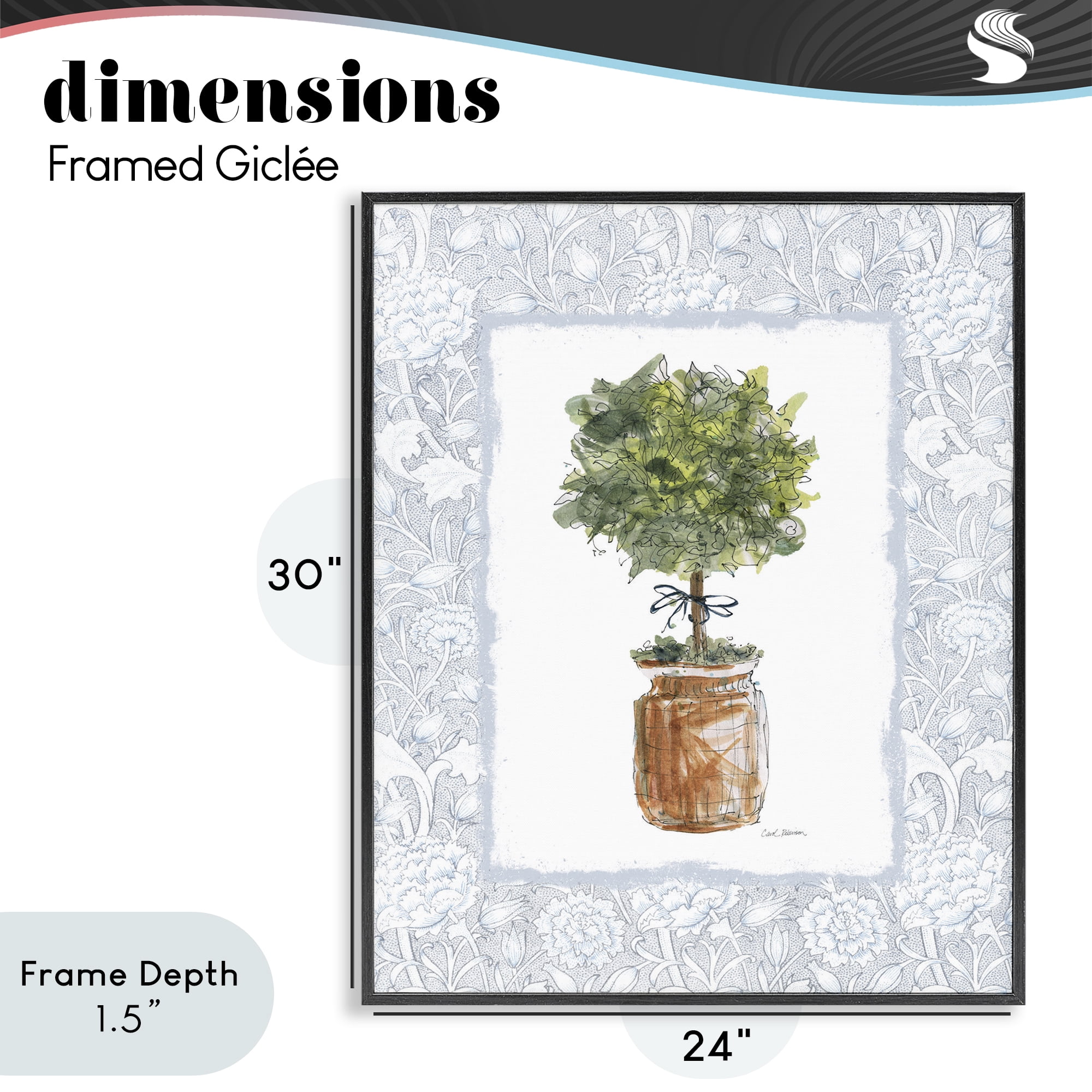 Stupell Industries Potted Topiary with Ribbon Black Framed Giclee Art, design by Carol Robinson