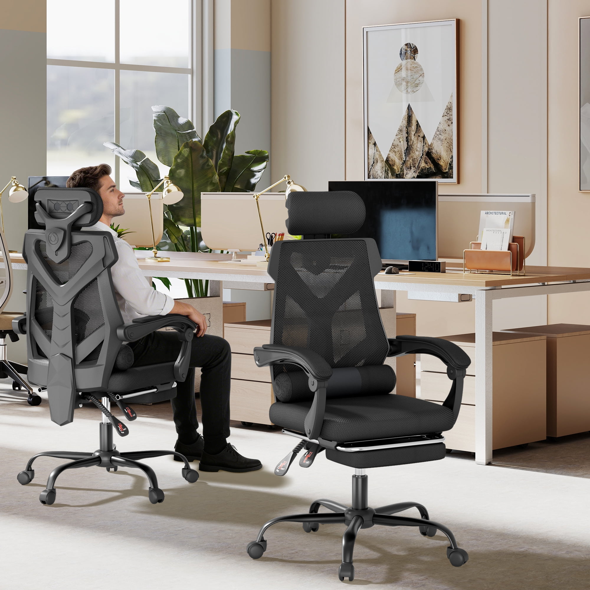 Mr IRONSTONE Ergonomic Office Chair with Footrest, High Back Breathable Mesh Computer Chair with 2D Headrest Lumbar Support, 135 Degree Reclining Desk Chair for Home Office, Black